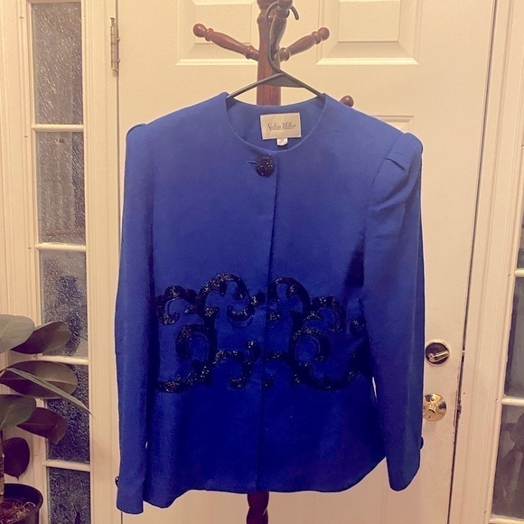 NOLAN MILLER RIYAL BLUE 100% WOOL BEADED BLAZER SIZE 12 - Picture 1 of 9